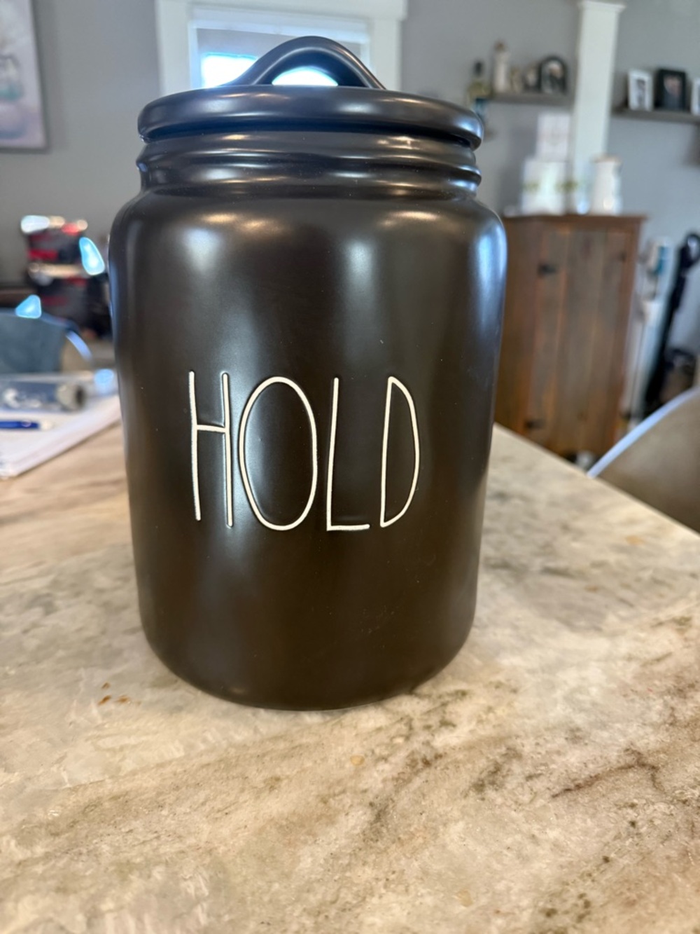 Rae Dunn Black Ceramic 'HOLD' Canister